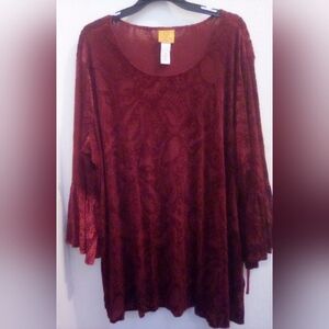 Ruby Rd Woman Velvet  Red Bell Sleeve Tunic with Ruffled Relaxed Fit Size 1X